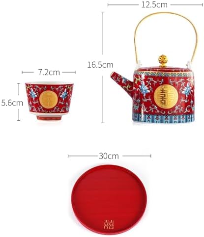 Chinese Tea Set Traditiona, Chinese Wedding Tea Ceremony Set Red Ceramic Double Happiness Decorations with 1 Tea Pot & 6 Tea Cups for Newlyweds and Friends - Image 2