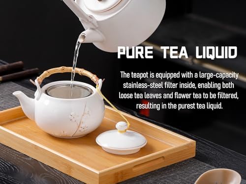 Japanese Tea Set, White Porcelain tea set with 1 Teapot(23 oz/660ml), 6 Tea cups(5.3 oz/150ml), 1 Tea Tray, Golden plum blossom relief, Asian tea sets for adults (Golden plum-White) - Image 3