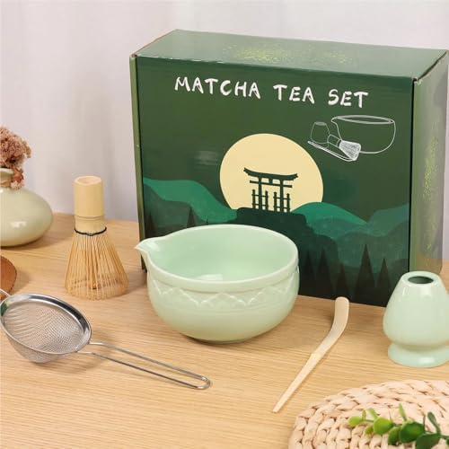 Ceramic matcha agitator, Matcha Whisk and Bowl Tea Set 5Pcs Ceremony Chasen Tool Stand for Beginners Kit(Green) - Image 2