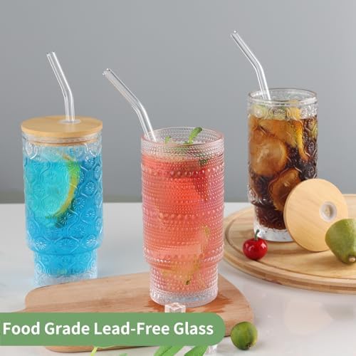 16oz Glass Cups with Lids and Straws, 4 Pack Vintage Drinking Glasses Tumblers Polka Dot Iced Coffee Cups for Kitchen, Home, Office, Gifts - Image 3