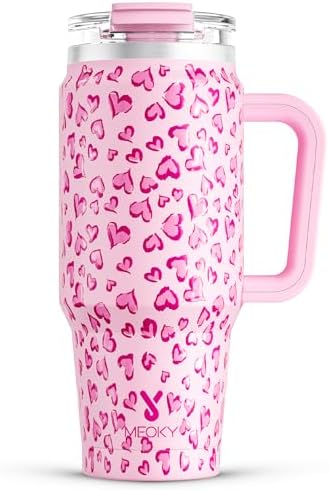Meoky 32 oz Tumbler with Handle, Insulated Tumbler with Lid and Straw, Stainless Steel Travel Mug, Keeps Cold for 24 Hours, 100% Leak Proof, Fits in Car Cup Holder (Love) by MEOKY