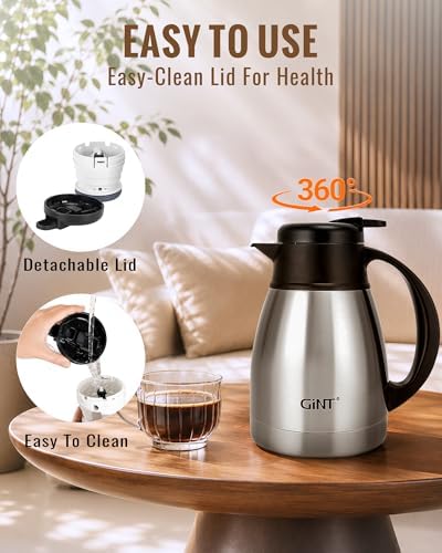 GiNT Insulated Coffee Carafe 34 Oz, Small Stainless Steel Flask for Hot Coffee with Fully Washable Detachable Lid, Portable Thermal Pitcher One-Hand Push Button Tea Dispenser for Travel Camping Office - Image 4