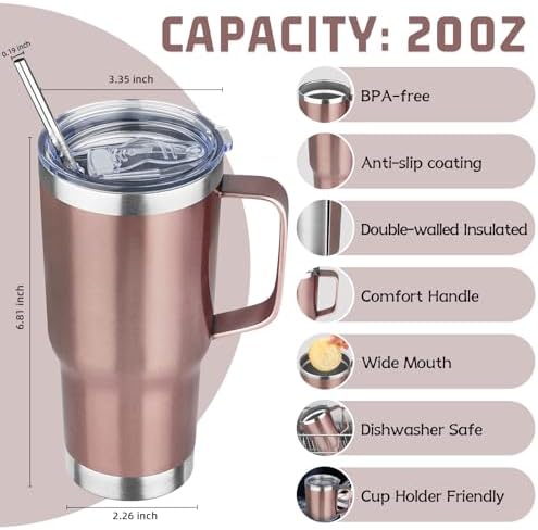 20 oz Tumbler with Handle Stainless Steel Insulated Coffee Tumbler with Lid and Straw Double Wall Vacuum Insulated Coffee Mug Leak Proof Travel Mug Tumbler for Hot and Cold Drink (Rose Gold,4pack) - Image 2
