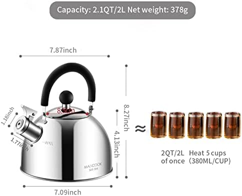 304 Stainless Steel Whistling Tea Kettle 2.1 Quart/2L (Silver) - Image 6