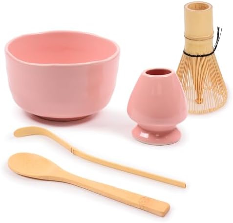 BambooMN Matcha Bowl Set (Includes Bowl, Rest, Tea Whisk, Chasaku & Tea Spoon) 1 Set Pink by BambooMN