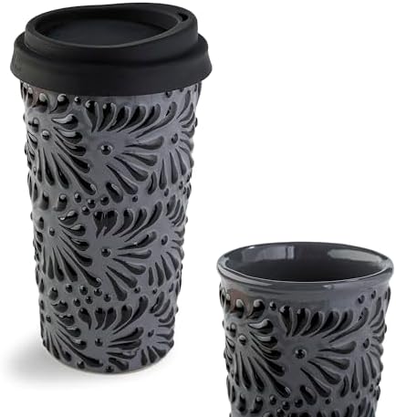 Handcrafted Talavera Ceramic Travel Mug with Silicone Lid, 16 oz, 6.5 Inch Tall, Mexican Embossed Pottery Coffee Tumbler – Artisan Texture & Relief Design (Volcanic Ash) by MEXTEQUIL