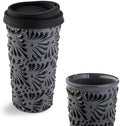 Handcrafted Talavera Ceramic Travel Mug with Silicone Lid, 16 oz, 6.5 Inch Tall, Mexican Embossed Pottery Coffee Tumbler – Artisan Texture & Relief Design (Volcanic Ash) by MEXTEQUIL