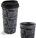Handcrafted Talavera Ceramic Travel Mug with Silicone Lid, 16 oz, 6.5 Inch Tall, Mexican Embossed Pottery Coffee Tumbler – Artisan Texture & Relief Design (Volcanic Ash) by MEXTEQUIL