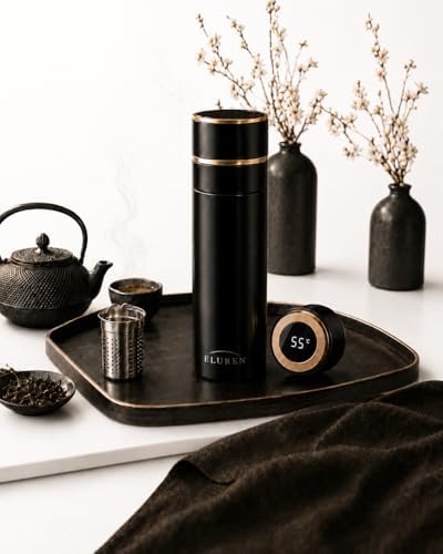 Vacuum Insulated Stainless Steel Thermal Smart Water/Coffee/Tea Tumbler & Flask with Tea Infuser, LED Temperature Display, One-Click Opening, Leak-Proof, Keeps Drinks Hot or Cold for Hrs, Black by ELUREN