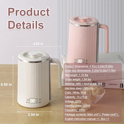 Electric Kettle 15.2 fl oz Mug-Type Electric Pot 304 Stainless Steel Tea Infuser Vacuum Insulated Milk Tea Coffee Porridge Compact Travel Office Unisex pink - Image 6