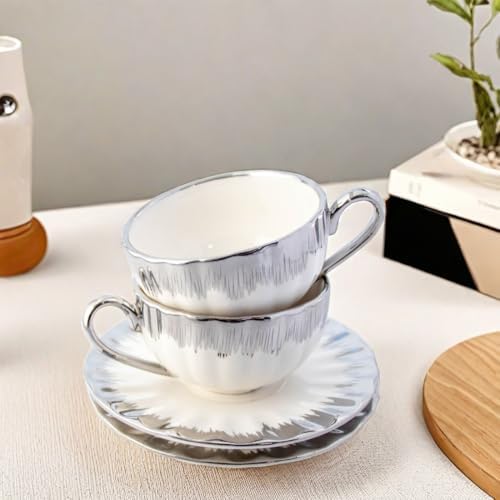 Gold Rimmed Ceramic Coffee Mug with Saucer Cappuccino Mug, 6 oz, for Coffee, Latte, Tea, Set of 6 (silver, Large) - Image 5