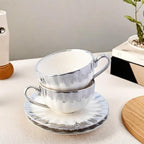 Gold Rimmed Ceramic Coffee Mug with Saucer Cappuccino Mug, 6 oz, for Coffee, Latte, Tea, Set of 6 (silver, Medium) - Image 3