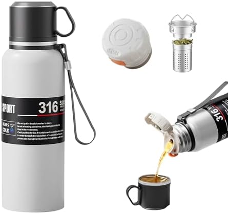 Stainless steel Vacuum Thermoses Bottle With Tea Infuser & Cup,Double Layer Insulated Coffee Bottles for Hot and Cold Drink Water Flask (White, 1160ML) by Unknown