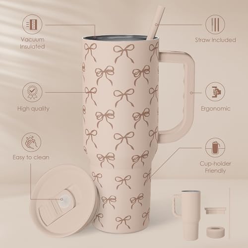 SANDJEST Bow Tumbler with Handle and Straw 40oz – Stainless Sleel Slider Tumbler Travel Coffee Mug for Women - Gift Idea for Birthday Christmas - Image 2