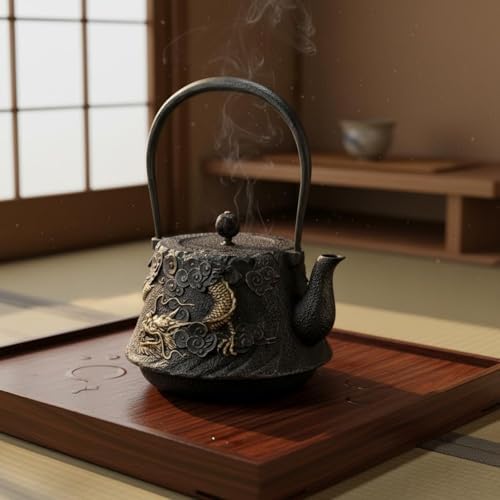 Cast Iron Teapot Dragon Relief Kettle, Traditional Japanese Tetsubin with Gilded Cloud and Dragon Relief, Featuring A Coiled Dragon Handle - Image 3