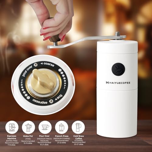 Manual Coffee Grinder - Hand Coffee Bean Grinder, Titanium-Coated Grinding Core - Aluminum Alloy Rocker with Ebony Wood Handle - Adjustable Grind Size - With Brush & Storage Bag (White) - Image 4