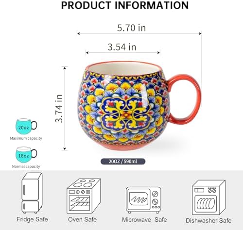 HENXFEN LEAD Large Boho Ceramic Coffee Mugs Set of 6, 20 oz - Image 2
