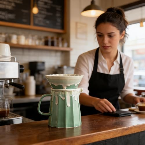Green Ceramic Pour Over Coffee Maker Set, Procelian Coffee Dripper Brewer Heat Resistant Coffee Pot Decanter ACM08G - Image 3