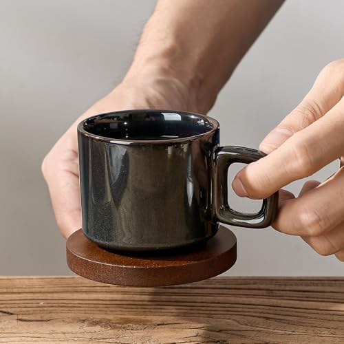LUKA Porcelain Stackable Espresso Cups with Saucers and Metal Stand, 4 Ounce Small Ceramic Demitasse Cups Set for Latte, Specialty Coffee Drinks, Cafe Mocha,Tea - Set of 4, Kiln Tide Glaze - Image 6