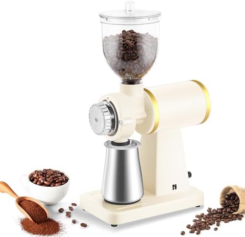 Huanyu 60mm Flat Burr Coffee Grinder, Retro Cream White for Home Cafe by Huanyu