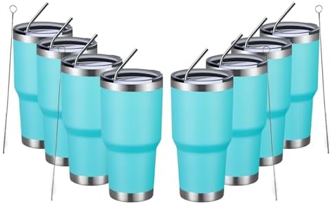 MEWAY 30oz Insulated Tumbler With Lids and Straws,Stainless Steel Double Vacuum Coffee Tumbler Cup, Brush, Durable Powder Coated Coffee Cup for Cold & Hot Drinks(Light Blue,8 PACK) by MEWAY