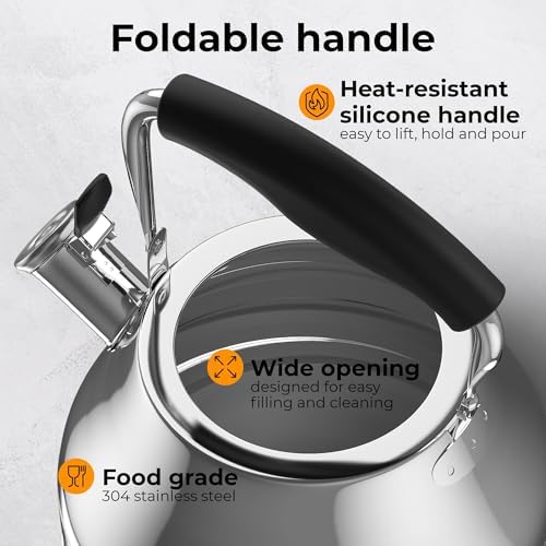 Stovetop Whistling Tea Kettle 2.4 QT / 2.3L, Stainless Steel Water Kettle for Induction, Gas & Electric Stoves, Fast Boiling Tea Kettle with Loud Whistle, Cool Touch Handle, Wide Lid, Shiny, Silver - Image 3