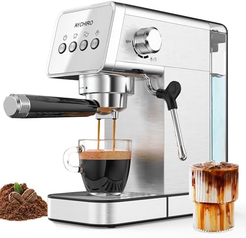 AYCHIRO 20-Bar Espresso Machine with Milk Frother, Professional Espresso Coffee Machine for Home, Stainless Steel Cappuccino Maker, Removable Water Tank & Drip Tray, Silver by AYCHIRO