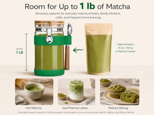 KKC Matcha Powder Storage Container Airtight Glass Jar 1200ml/40 oz - Airtight Tea Powder Canister with Bamboo Lid, Protective Sleeve & 1 TBSP Wooden Handle Scoop - Image 2