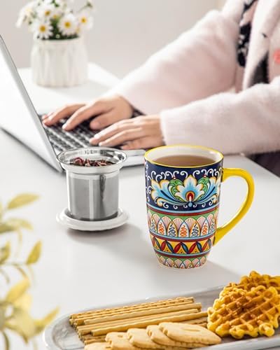 vancasso Ceramic Tea Mug with Infuser and Lid, 18 Ounce Bohemian Loose Leaf Cup, Microwave & Dishwasher Safe, Perfect for Tea, Coffee, Beige-Mustard Tribe - Image 6
