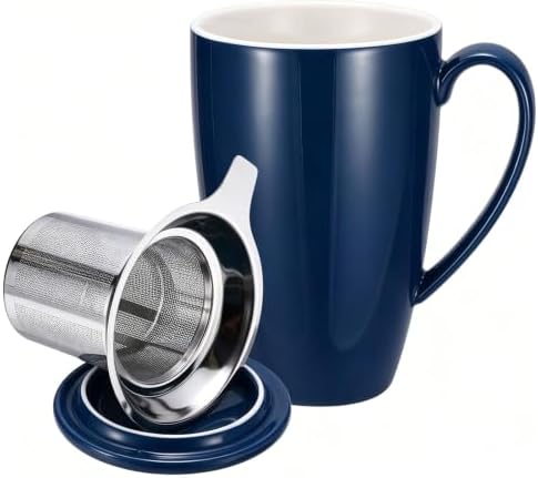 PATIKIL 450 Ml/15 oz Ceramic Tea Infuser Mug with Lid and Stainless Steel Filter | Microwave & Dishwasher Safe Loose Leaf Tea Cup for Office Home Gift, Blue by PATIKIL