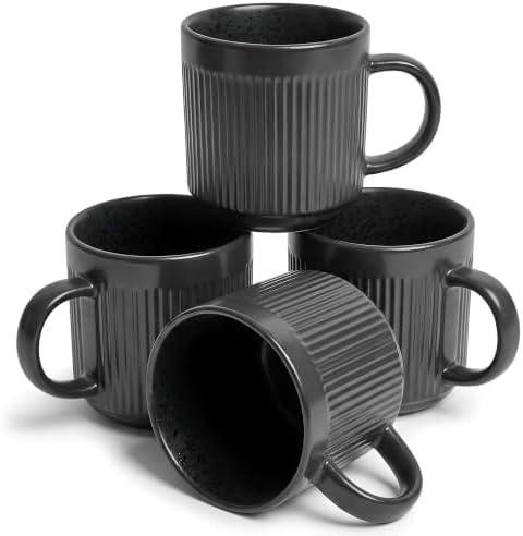 SANGO Anderson Black Coffee Mugs Set of 4, 16.5 oz Stoneware Coffee Mug Set, Big Ceramic Tea Cup with Matte Glaze for Cappuccino, Latte, Large Coffee Cups with Handle, Microwave & Dishwasher Safe by Sango