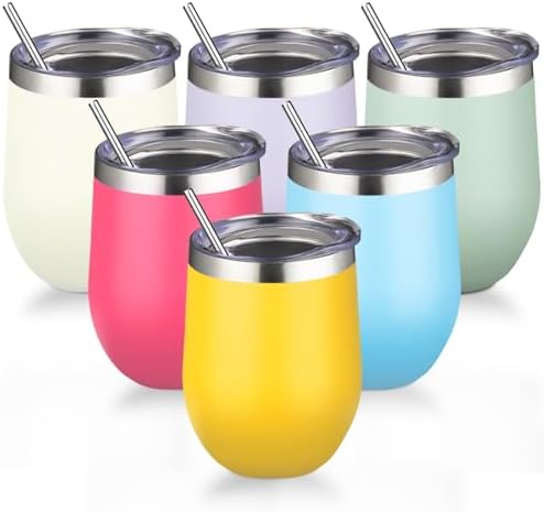 12oz/6 Pack Stainless Steel Wine Tumbler with Lid and Straw, Double Wall Vacuum Insulated Wine Tumbler Glasses, Stemless Travel Mugs for Hot and Cold Drinks, Coffee, Wine, Cocktails（Mix Color-1） by GUDEMAO