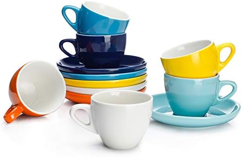 Sweese Espresso Cups with Saucers, 4 Ounce Demitasse Cups, Perfect for Single or Double Espresso, Cappuccino, Latte and Tea - Set of 6, Multicolor, Hot Assorted Colors by Sweese