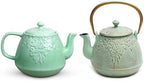 Toptier Cast Iron Teapot & Porcelain Teapot Set, 32 oz & 37 oz, Stovetop Safe, Green by toptier