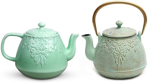 Toptier Cast Iron Teapot & Porcelain Teapot Set, 32 oz & 37 oz, Stovetop Safe, Green by toptier