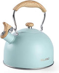 Tea Kettle, BELANKO 85 OZ / 2.5 Liter Whistling Tea Kettle, Tea Pots for Stove Top Food Grade Stainless Steel with Wood Pattern Folding Handle, Loud Whistle Kettle for Tea, Coffee, Milk - Turquoise by BELANKO