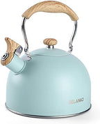Tea Kettle, BELANKO 85 OZ / 2.5 Liter Whistling Tea Kettle, Tea Pots for Stove Top Food Grade Stainless Steel with Wood Pattern Folding Handle, Loud Whistle Kettle for Tea, Coffee, Milk - Turquoise by BELANKO