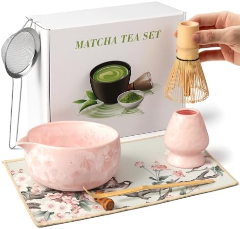 Matcha Whisk Set 7 PCs Ceramic Japanese Matcha Bowl Kit Includes Matcha Bowl, Matcha Whisk and Holder, Bamboo Scoop, Scoop Rest, Sifter, Tea Towel - Traditional Matcha Starter Set for Matcha Lovers by Unknown