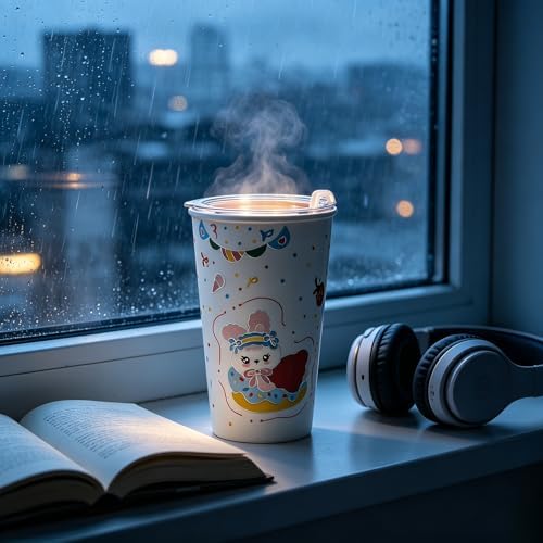 YQ&QMK 3D Embossed cartoon animals Ceramic Cup with Lid & Glass Straw, 16oz Hand-Painted Ice Cream Design Travel Coffee Tumbler, Cute Mug (Cape Rabbit) - Image 2
