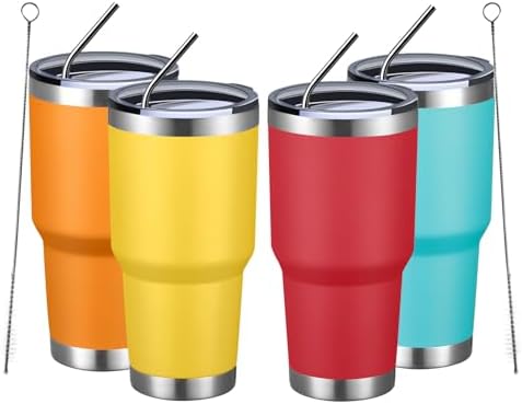 MEWAY 30oz Insulated Tumbler With Lids and Straws,Stainless Steel Double Vacuum Coffee Tumbler Cup, Brush, Durable Powder Coated Coffee Cup for Cold & Hot Drinks, Office, Travel(mixture,4 PACK) by MEWAY