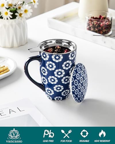 vancasso SELENE Porcelain Tea Mug, 18 oz Porcelain Tea Cup with Infuser and Lid Steeps Loose Leaf Tea, Microwave & Dishwasher Safe, Daisy Cluster - Image 4