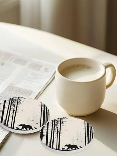 Coasters for Drinks Set of 8 Abstract Forest Walking Bear Family Natural Silhouette Ceramic Cup Mat, Absorbent Ceramic Stone Coasters with Cork Base for Coffee Cups Wooden Table Home Decor 4 Inch - Image 2
