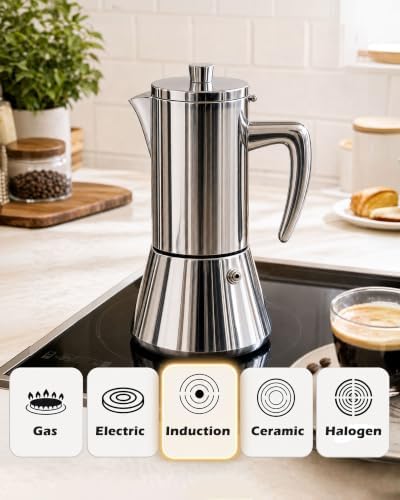 Stainless Steel Moka Pot 6 Cup 13 oz, All-Metal Stovetop Espresso Maker, Plastic-Free Non-Toxic, for Induction Gas Electric Ceramic Halogen, Portable Camping Travel - Image 5