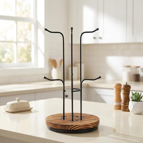 Coffee Mug Holder Mug Stand Tree Rotated Hooks Cup Holder Wooden Anti Slip Easy Assembly Organizer Suitable for Housewarming Coffee Bar, 6 Hooks - Image 6