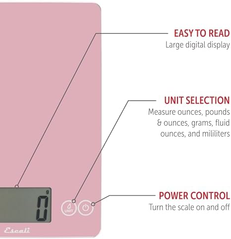 Escali Arti Glass Food Scale Digital Countertop Kitchen, Baking and Cooking Scale with Large Display, 15-Pound Capacity, 9" x 6.5" x .75", Classic Pink - Image 4