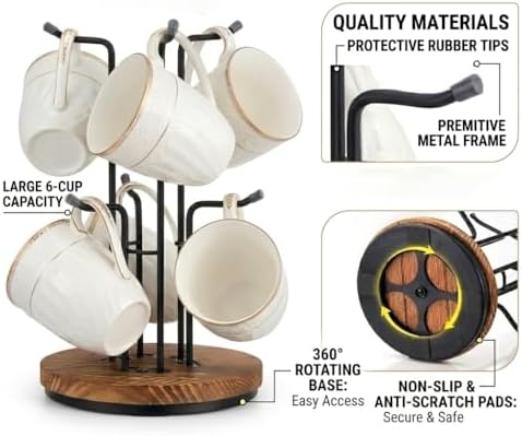2 Pack 360° Rotating Large Mug Tree for Counter, Coffee Mug Holder with 6 Hooks, Cup Holder Stand for Countertop, Metal Cup Tree Rack with Weighted Wood Base, Kitchen Coffee Bar Decor Display - Image 4