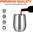 COMOOO 12oz Insulated Wine tumbler with Lid, Stainless Steel Stemless Wine Tumbler Glass,Double Wall Vacuum Wine Tumbler Cups with Straw for Coffee, Cocktails,Beer,Champaign Silver, 12 pack - Image 4