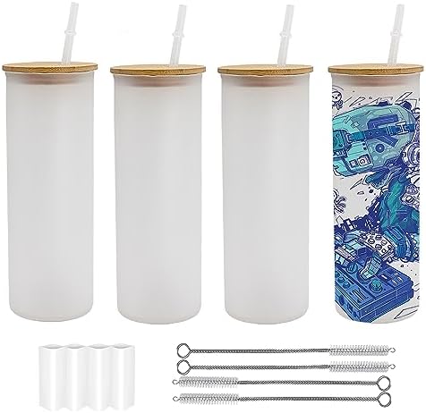 4 Pack 25 OZ Sublimation Glass Cups with Bamboo Lids & Straws by Lilsofee