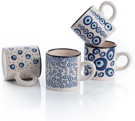 Ceramic Espresso Cups, 5 Oz Espresso Cups Set of 4, Handmade Espresso Cup, 2.75 Inch Espresso Mugs, Multicolor Demitasse Cups, Microwave & Dishwasher Safe Espresso Mugs, Coffe Mug Set (NAZAR CHARM) by ELYESE