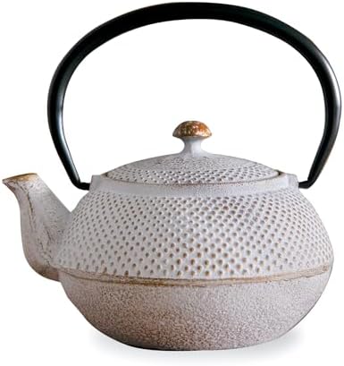 Roji Associates Cast Iron Teapot, Nanbu Tekki Teapot (ARARE - Round Type), Made in Japan, with Tea Strainer, Inner Enamel Finish, Color Pot, Open Fire Ban (13.53 fl oz/White) by NOREN